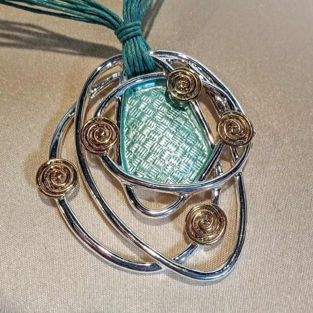 Turquoise Silver and Gold Abstract Swirl Pendant - Picture 2 of 3